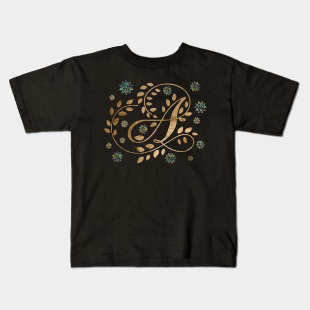 Luxury Golden Calligraphy Monogram with letter A Kids T-Shirt by Nartissima